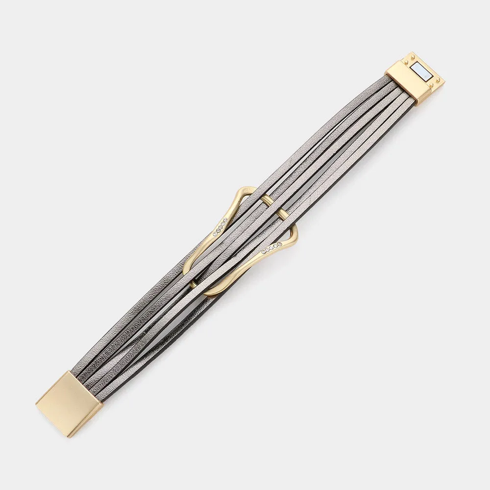 iLLASPARKZ Stone Paved Pointed Brushed Metal Buckle Faux Leather Layered Magnetic Bracelet