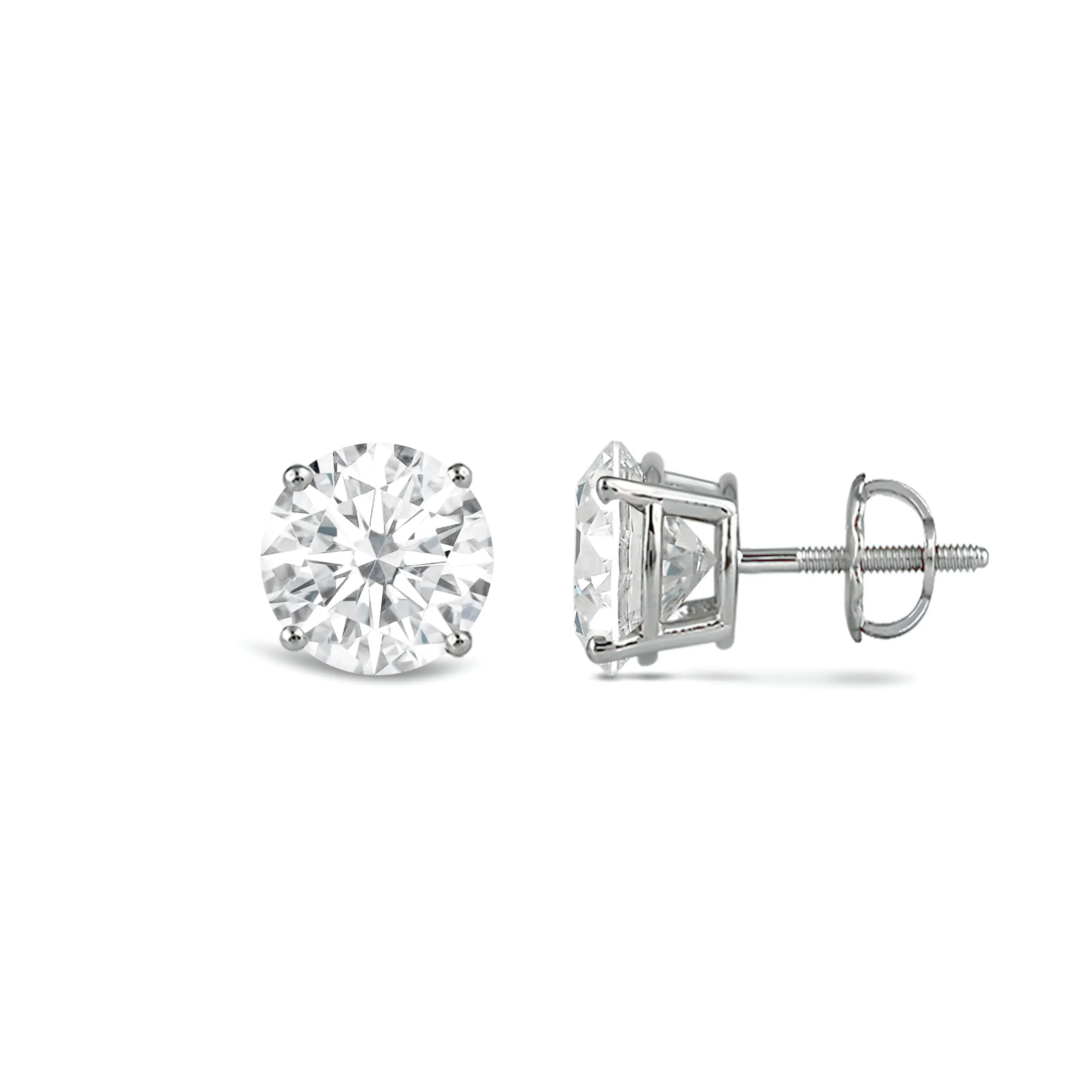 Jewelili 14K Solid White Gold Classic Four Prong Stud Earrings | IGI Certified Round Cut Lab Grown Diamond | Screw Back Posts | 