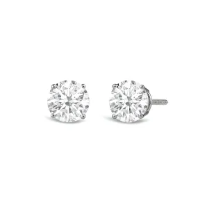 Jewelili 14K Solid White Gold Classic Four Prong Stud Earrings | IGI Certified Round Cut Lab Grown Diamond | Screw Back Posts | 