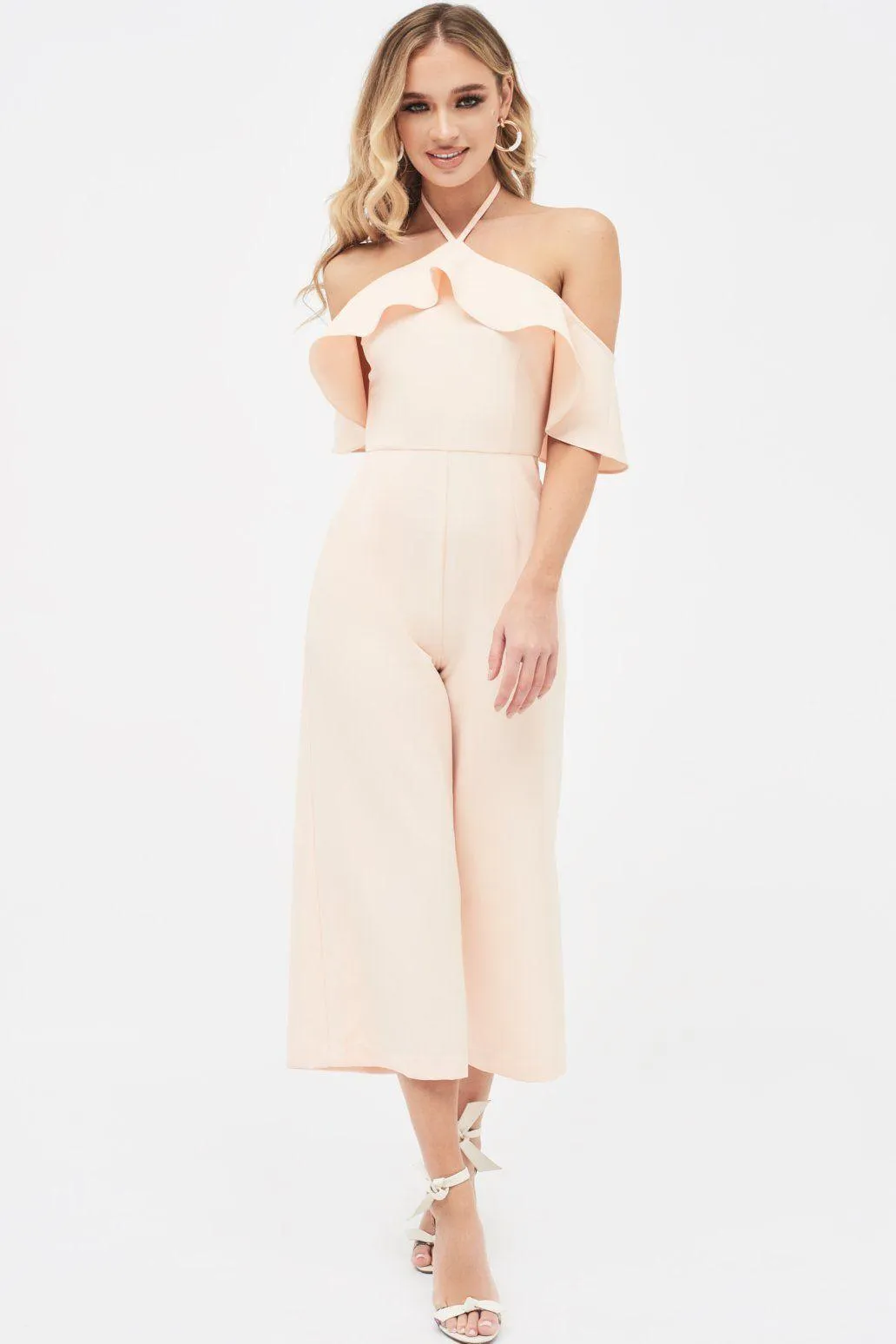 KENNEDY Bardot Frill Halterneck Culotte Leg Jumpsuit in Nude