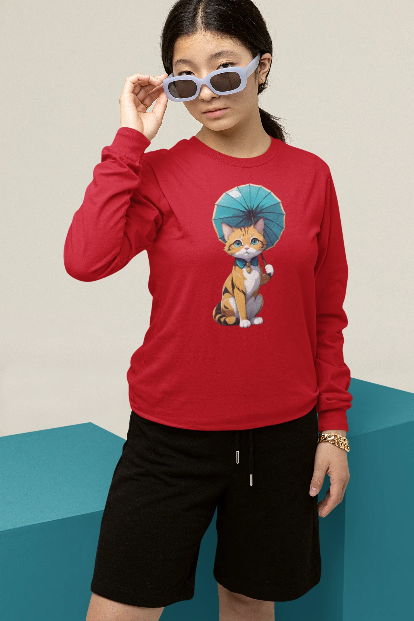 Kitten with a Parasol Youth Long Sleeve Tee