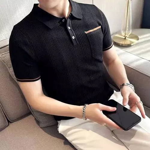 Knitted Lapel Short Sleeve Men Polo Shirt