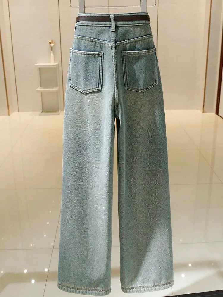 Light blue wide-leg jeans for women high-waisted 2024 spring and autumn new style retro loose slimming floor-length straight lon