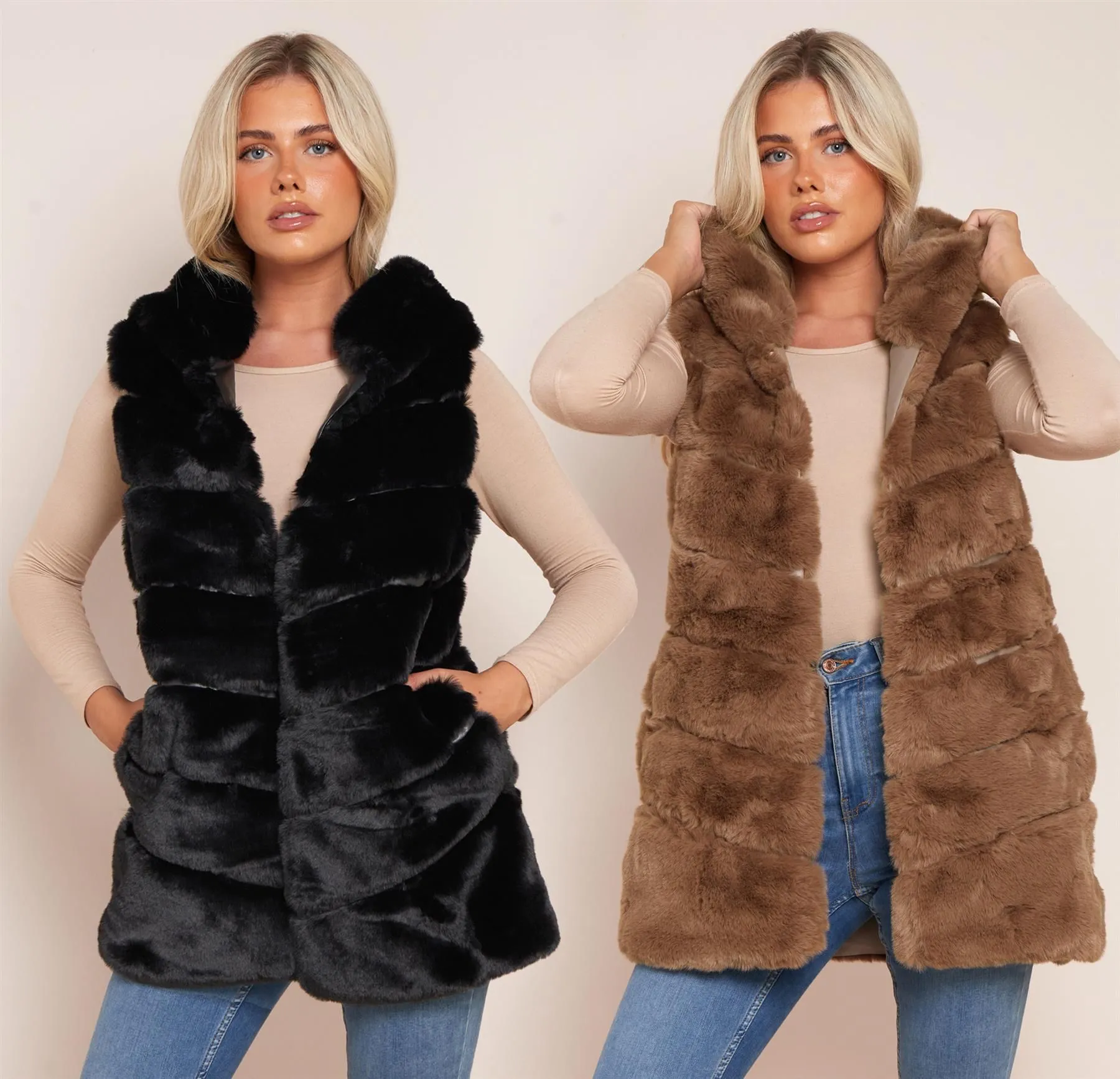 Luxurious Faux Fur Gilet, Brown, Black, UK Sizes 8 to 14