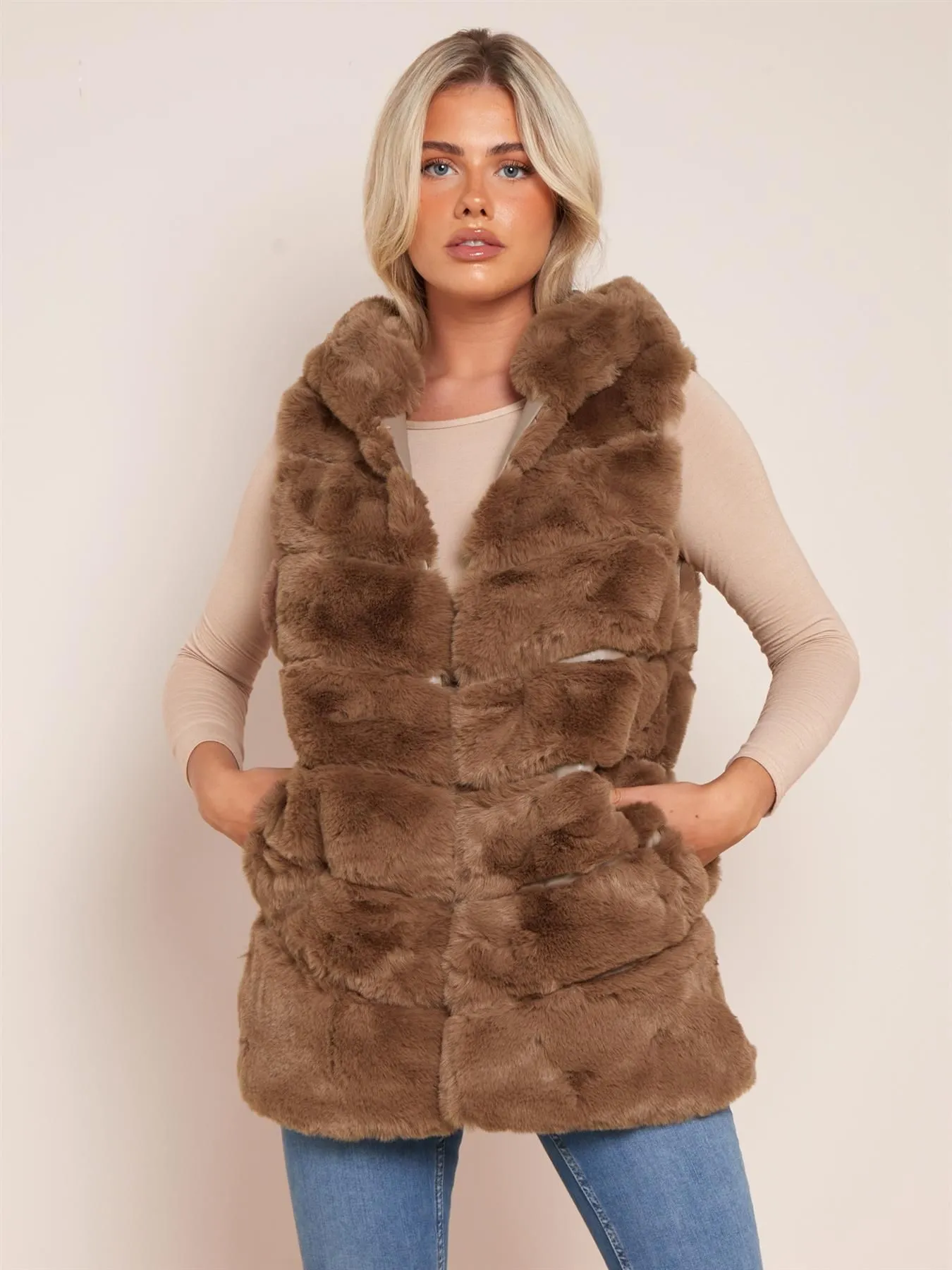 Luxurious Faux Fur Gilet, Brown, Black, UK Sizes 8 to 14