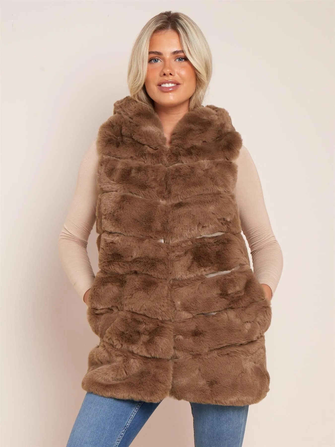 Luxurious Faux Fur Gilet, Brown, Black, UK Sizes 8 to 14