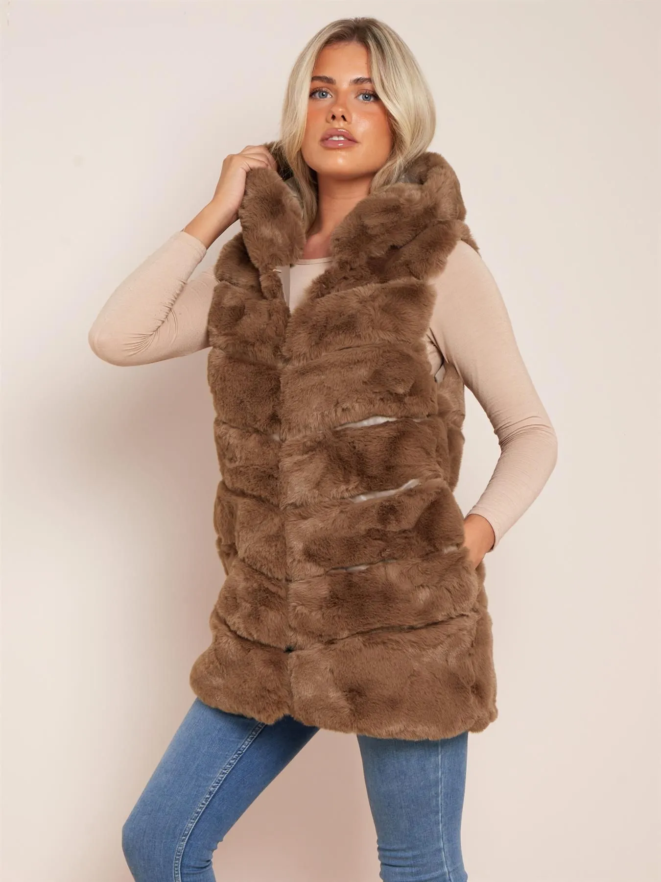 Luxurious Faux Fur Gilet, Brown, Black, UK Sizes 8 to 14