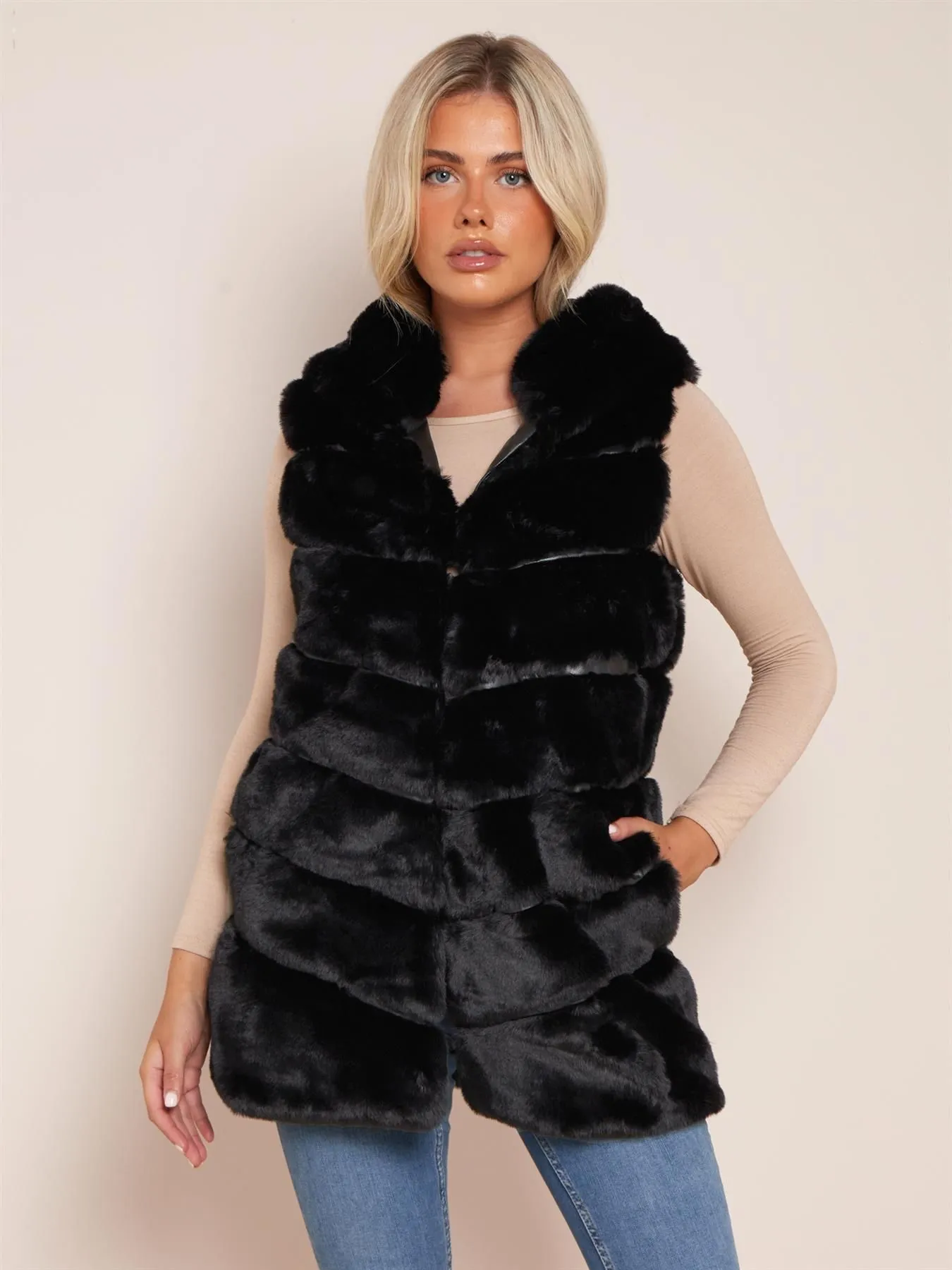 Luxurious Faux Fur Gilet, Brown, Black, UK Sizes 8 to 14