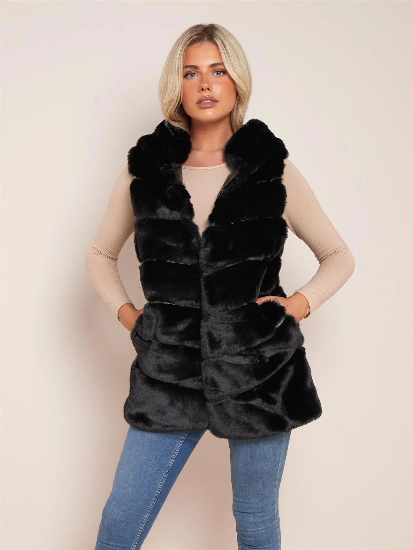 Luxurious Faux Fur Gilet, Brown, Black, UK Sizes 8 to 14