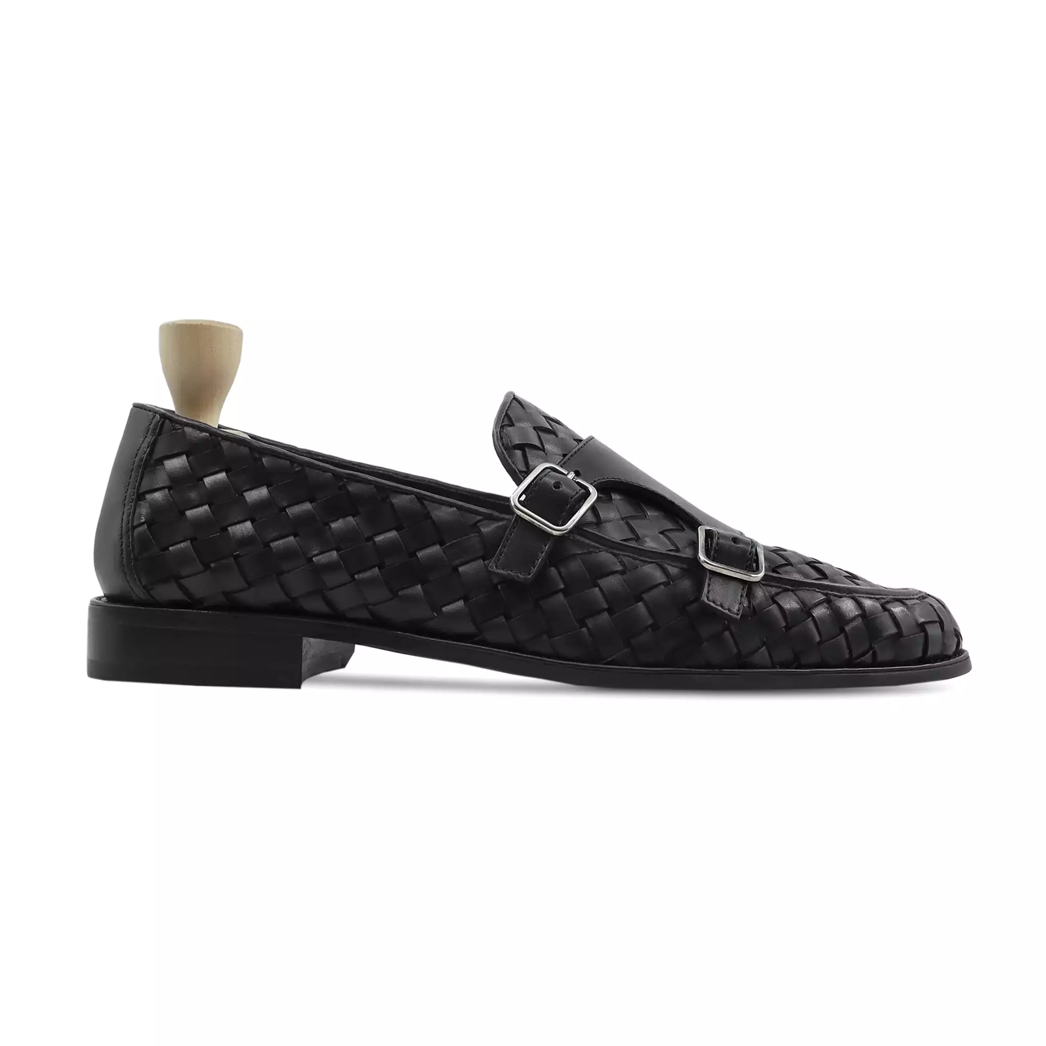 Malite - Men's Black Calf and Hand Woven Leather Double Monkstrap