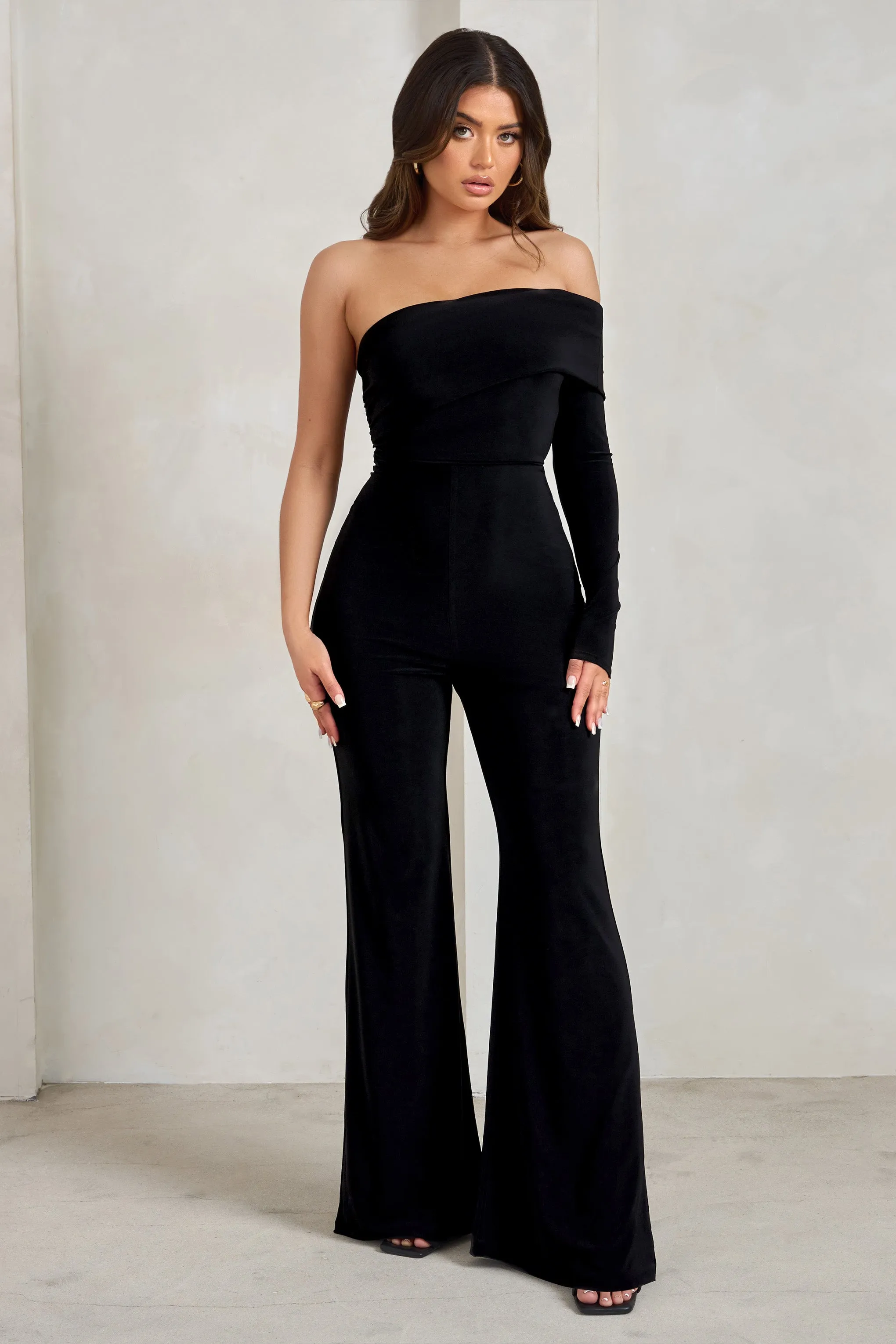 Margie | Black One Sleeve Bardot Jumpsuit