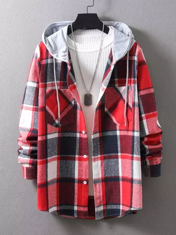 Men Hooded Winter Plaid Flannel Shirt