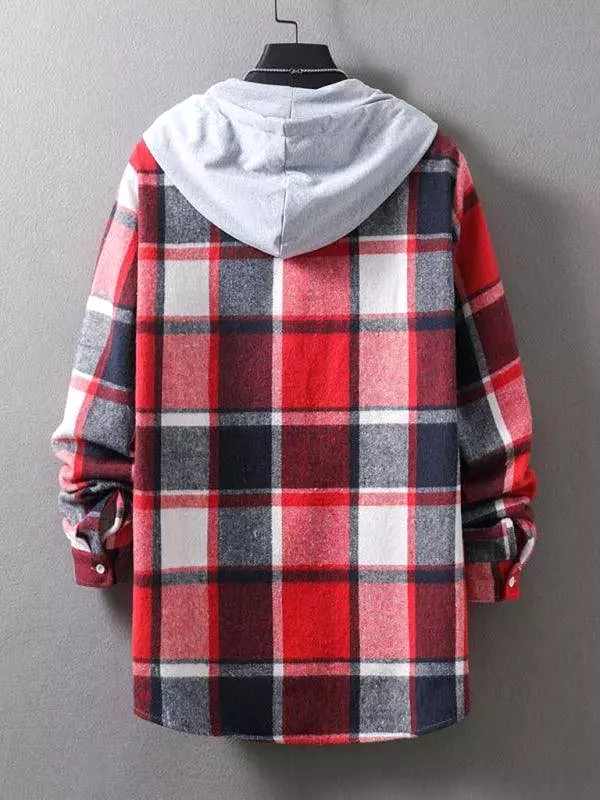 Men Hooded Winter Plaid Flannel Shirt