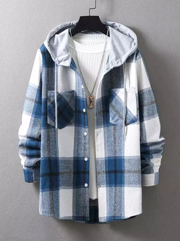 Men Hooded Winter Plaid Flannel Shirt