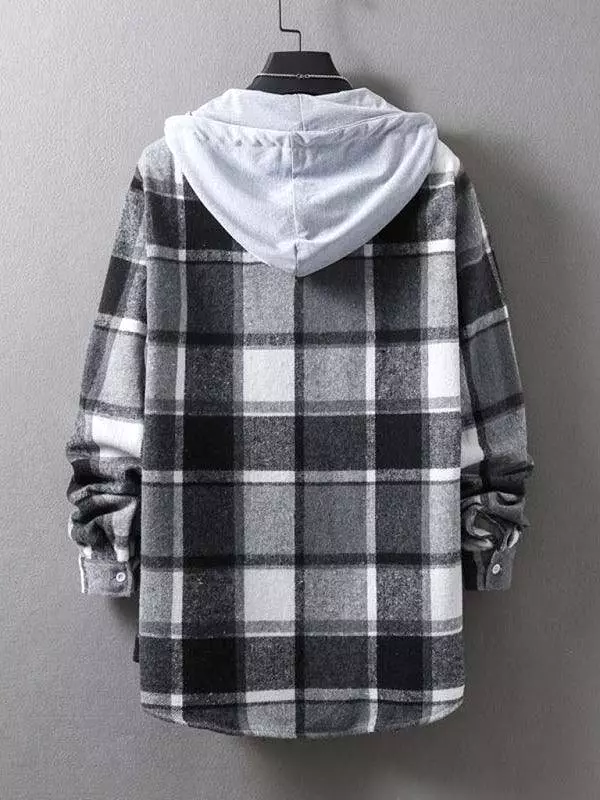 Men Hooded Winter Plaid Flannel Shirt