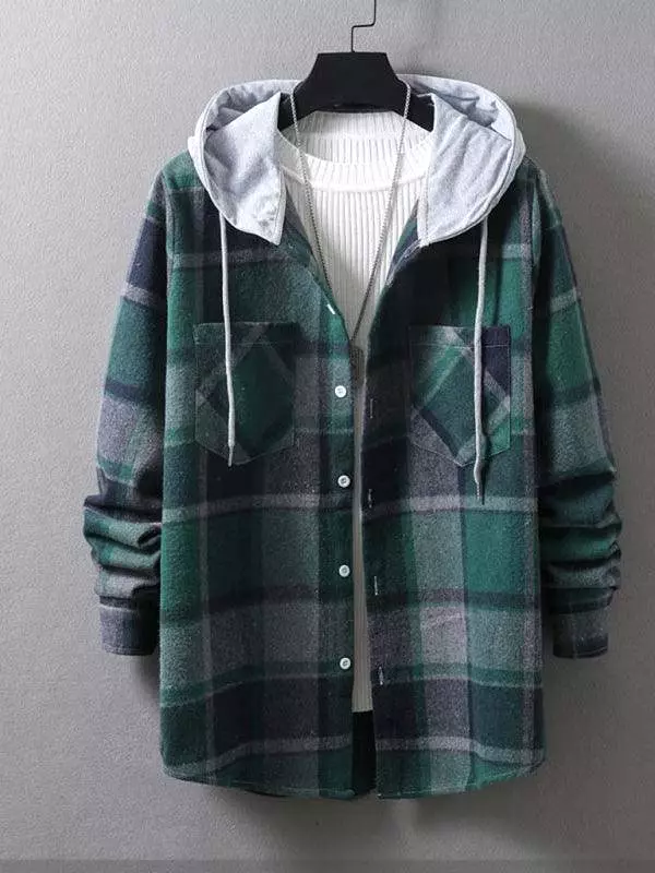 Men Hooded Winter Plaid Flannel Shirt