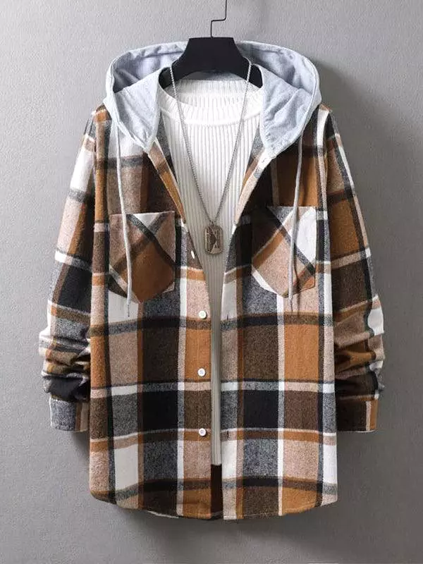 Men Hooded Winter Plaid Flannel Shirt