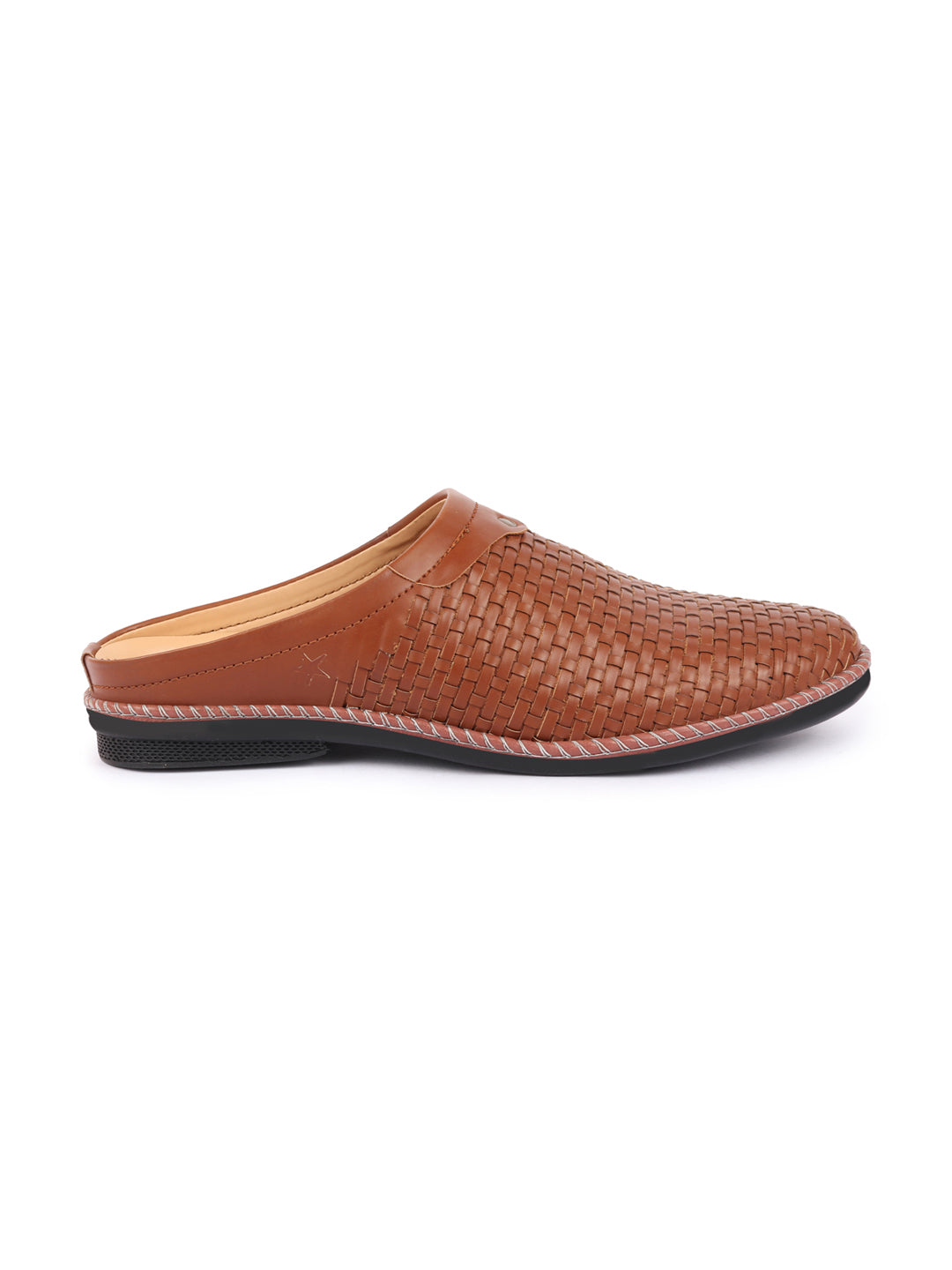 Men Tan Back Open Knit Design Stitched Ethnic Casual Mules