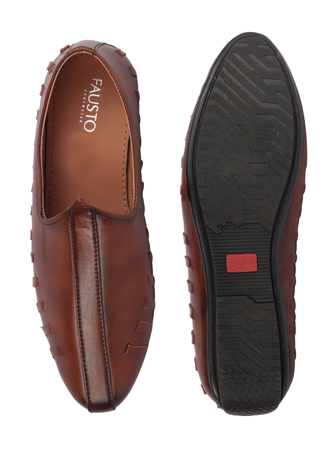 Men Tan Ethnic Slip-On Stitched Jutis & Mojaris