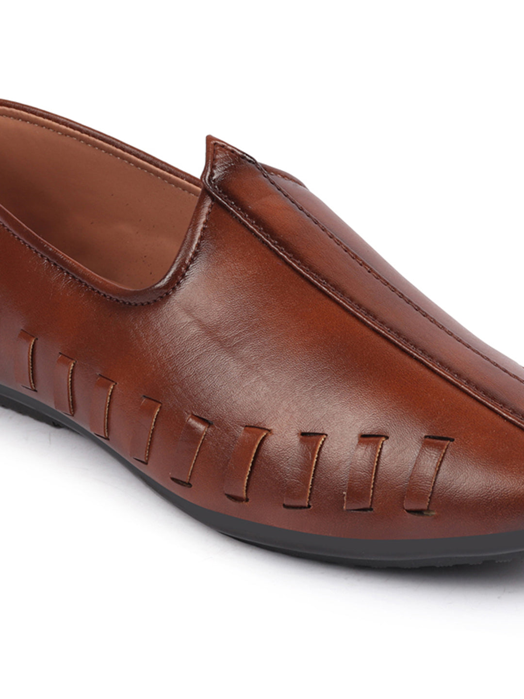 Men Tan Ethnic Slip-On Stitched Jutis & Mojaris