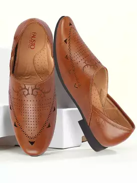 Men Tan Ethnic Wedding Party Laser Cut Perforated Design Slip On Juttis and Mojaris