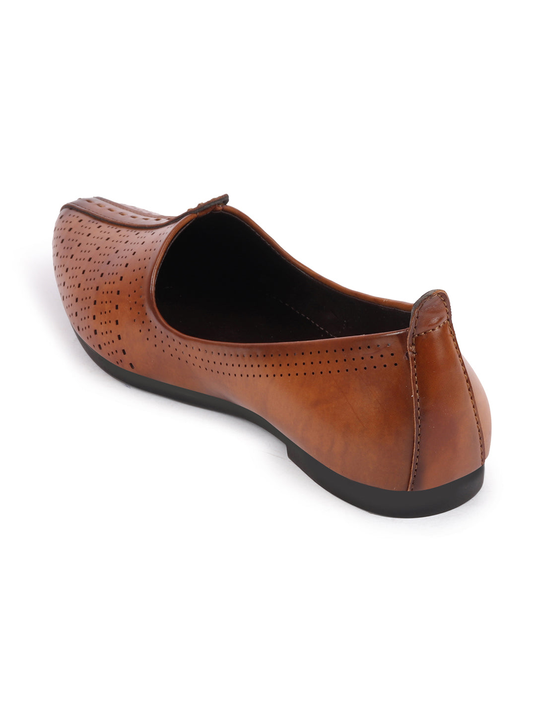 Men Tan Laser Cut Design Broad Feet Ethnic Slip On Wedding Juttis and Mojaris