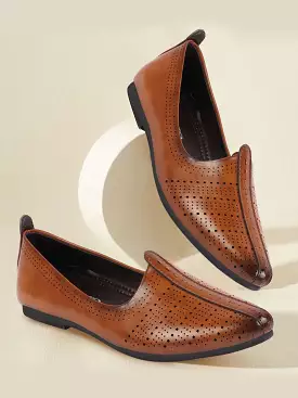 Men Tan Laser Cut Design Broad Feet Ethnic Slip On Wedding Juttis and Mojaris