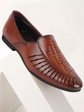 Men Tan Laser Cut Design Ethnic Slip On Party Juttis and Mojaris