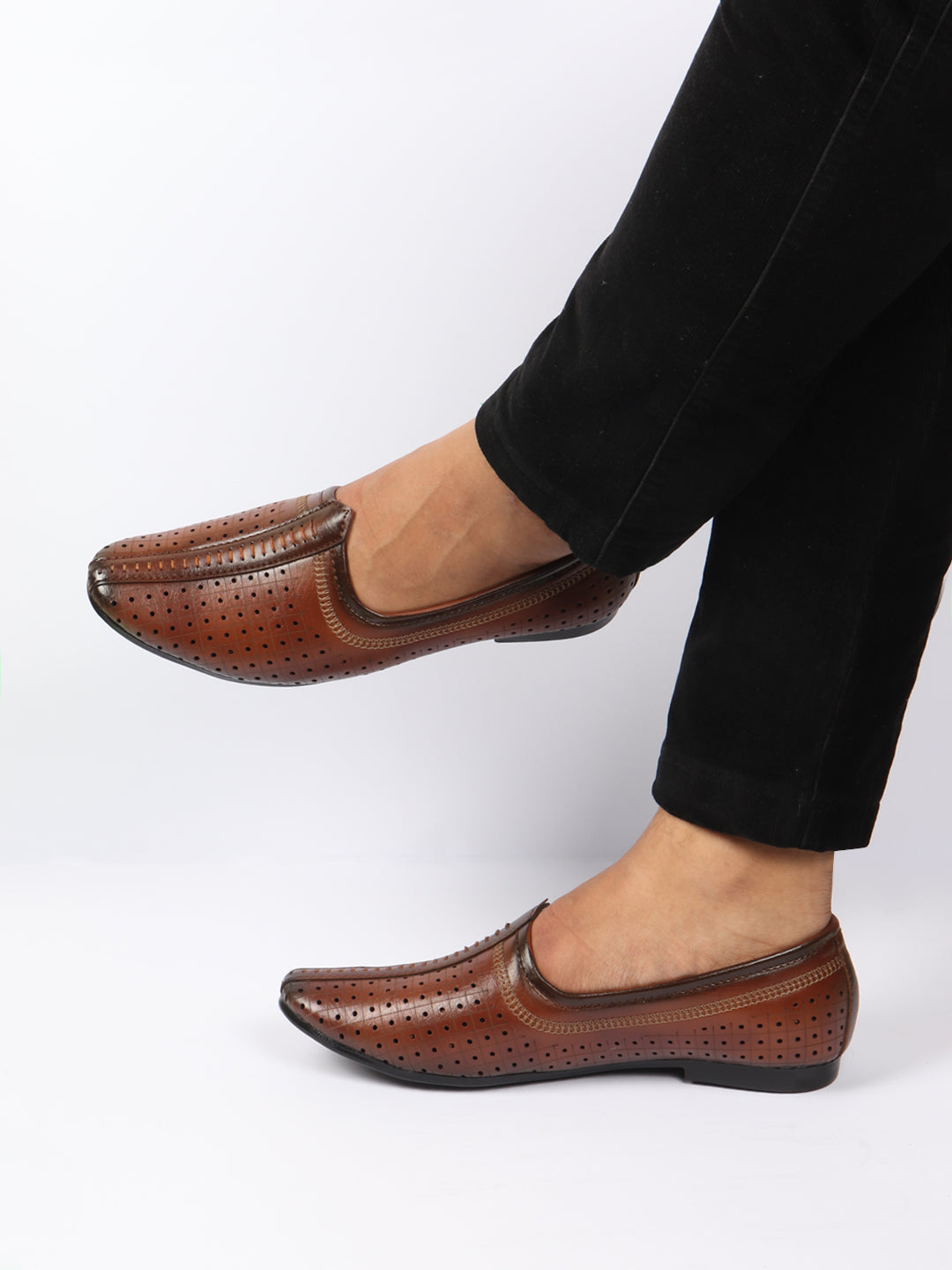 Men Tan Laser Cut Design Stitched Ethnic Party Slip On Juttis and Mojaris