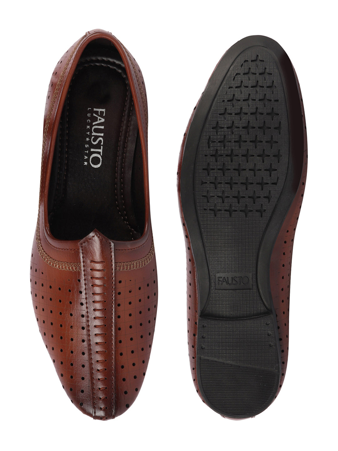 Men Tan Laser Cut Design Stitched Ethnic Party Slip On Juttis and Mojaris