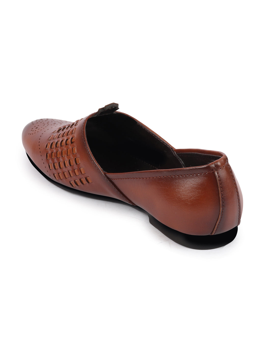 Men Tan Laser Cut Knitted Design Ethnic Wedding Broad Feet Slip On Juttis and Mojaris