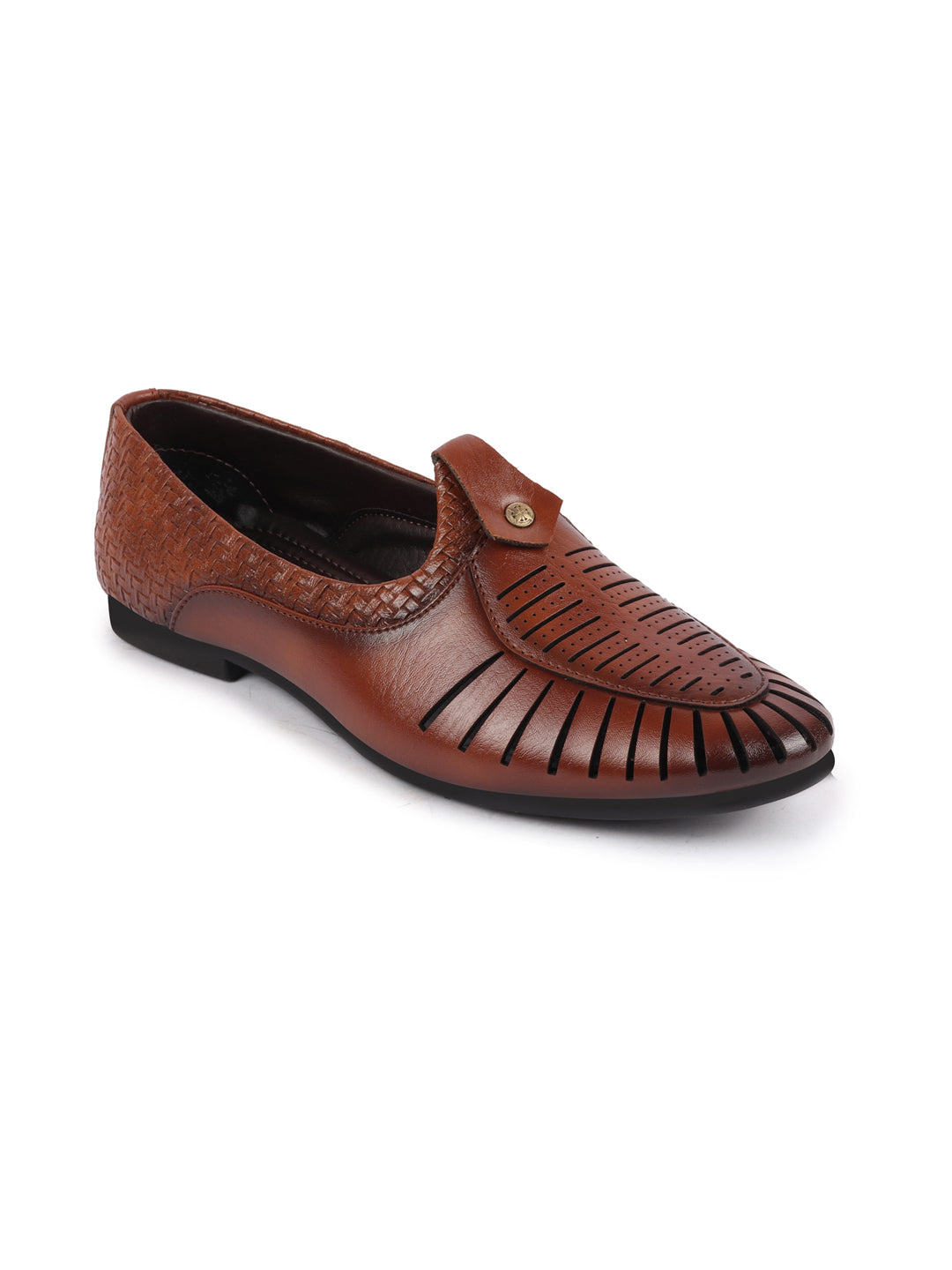 Men Tan Laser Cut Knitted Design Ethnic Wedding Slip On Juttis and Mojaris