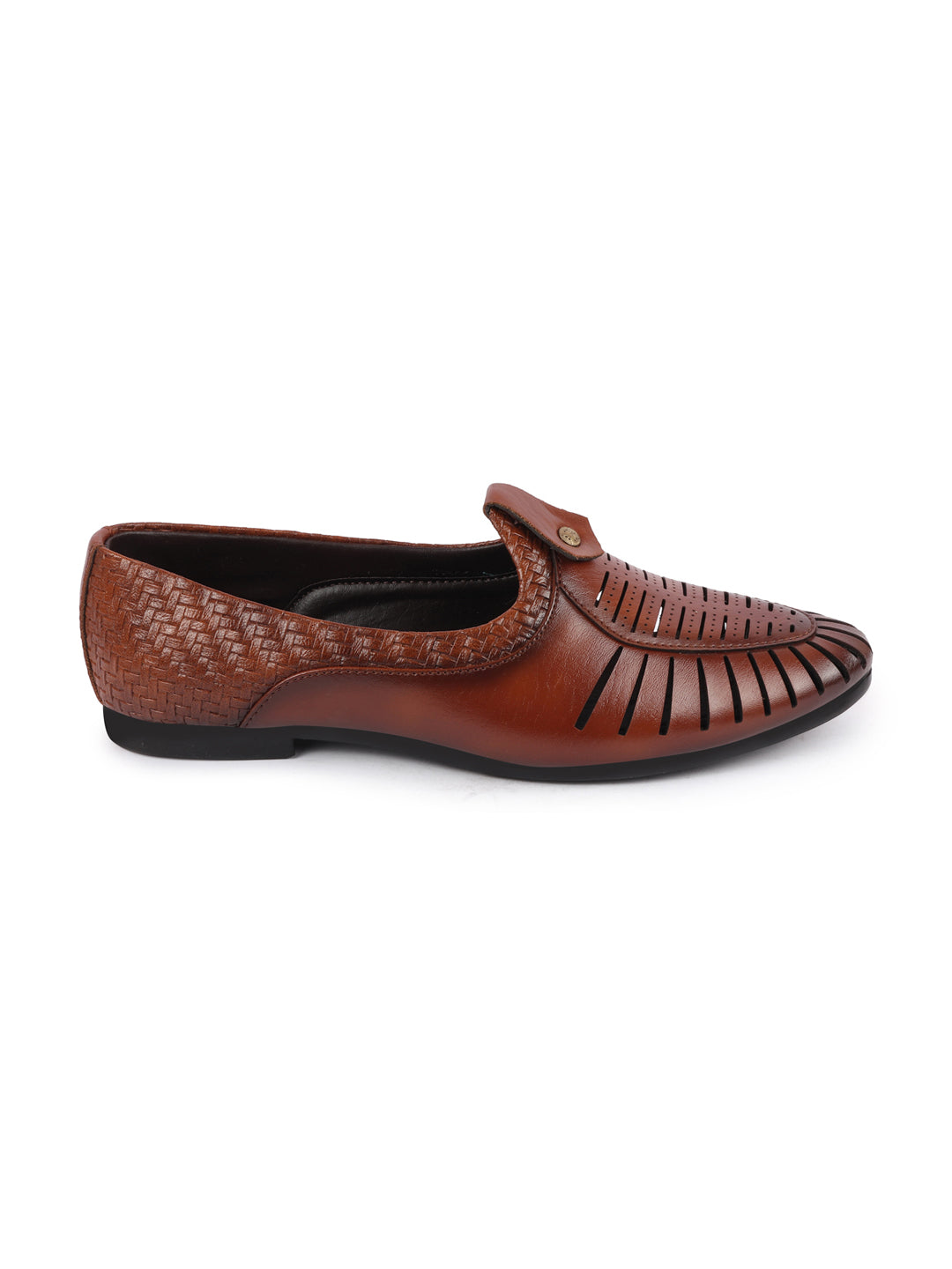 Men Tan Laser Cut Knitted Design Ethnic Wedding Slip On Juttis and Mojaris