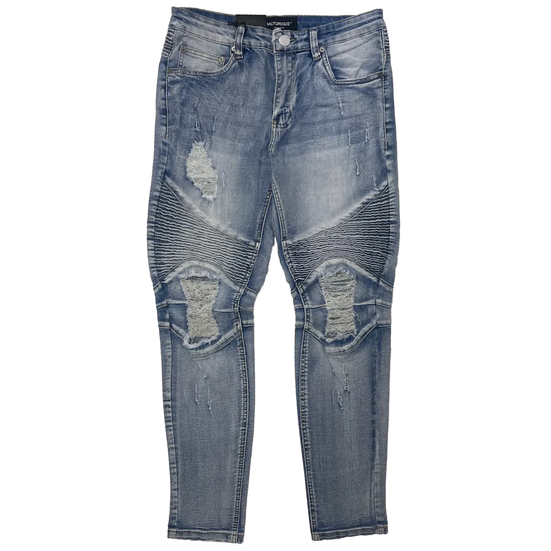 Men's Premium Distressed Blue Wash Distressed Denim Jeans