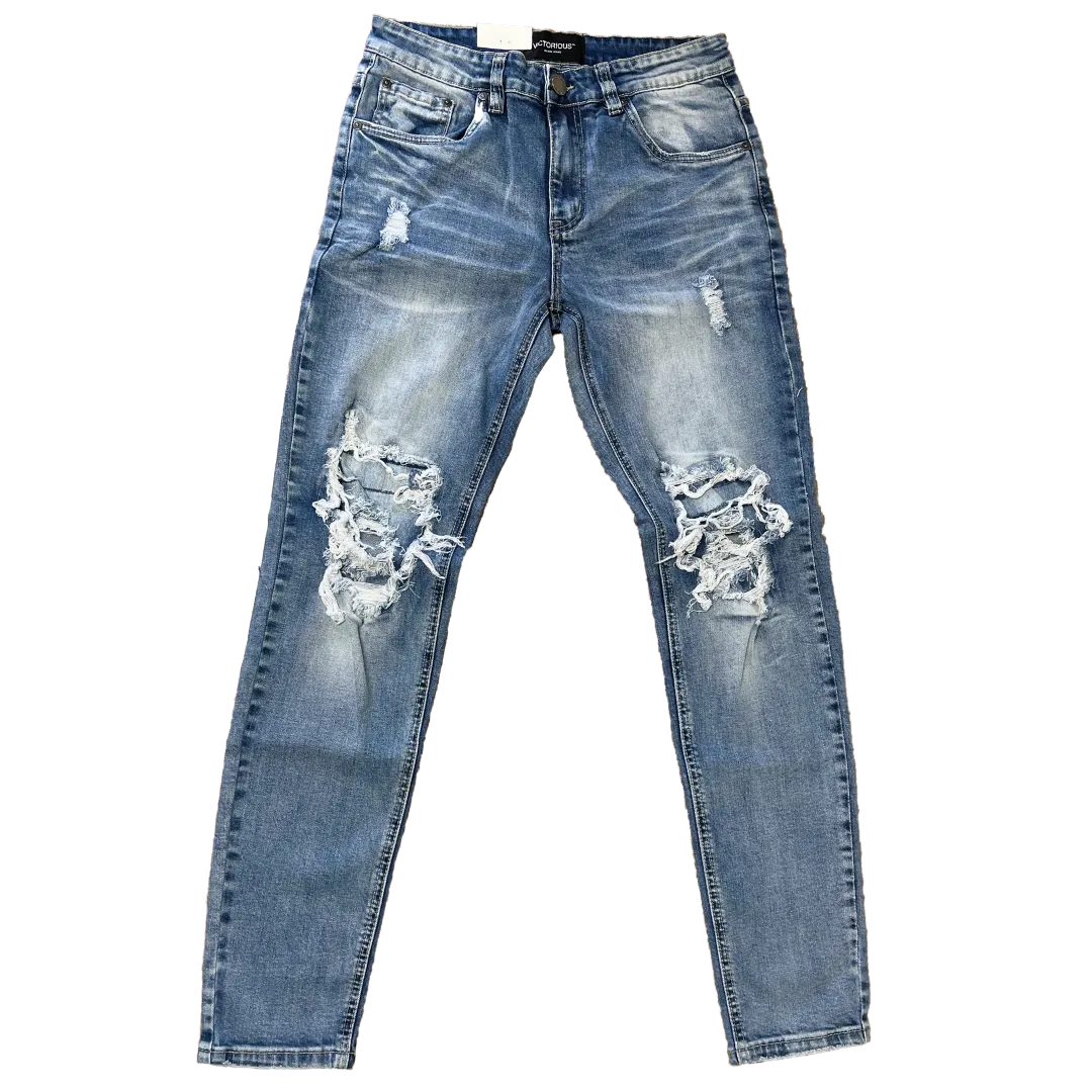 Men's Premium Distressed Light Blue Denim White Wash Skinny Jeans with Stretch