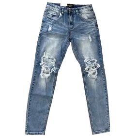 Men's Premium Distressed Light Blue Denim White Wash Skinny Jeans with Stretch