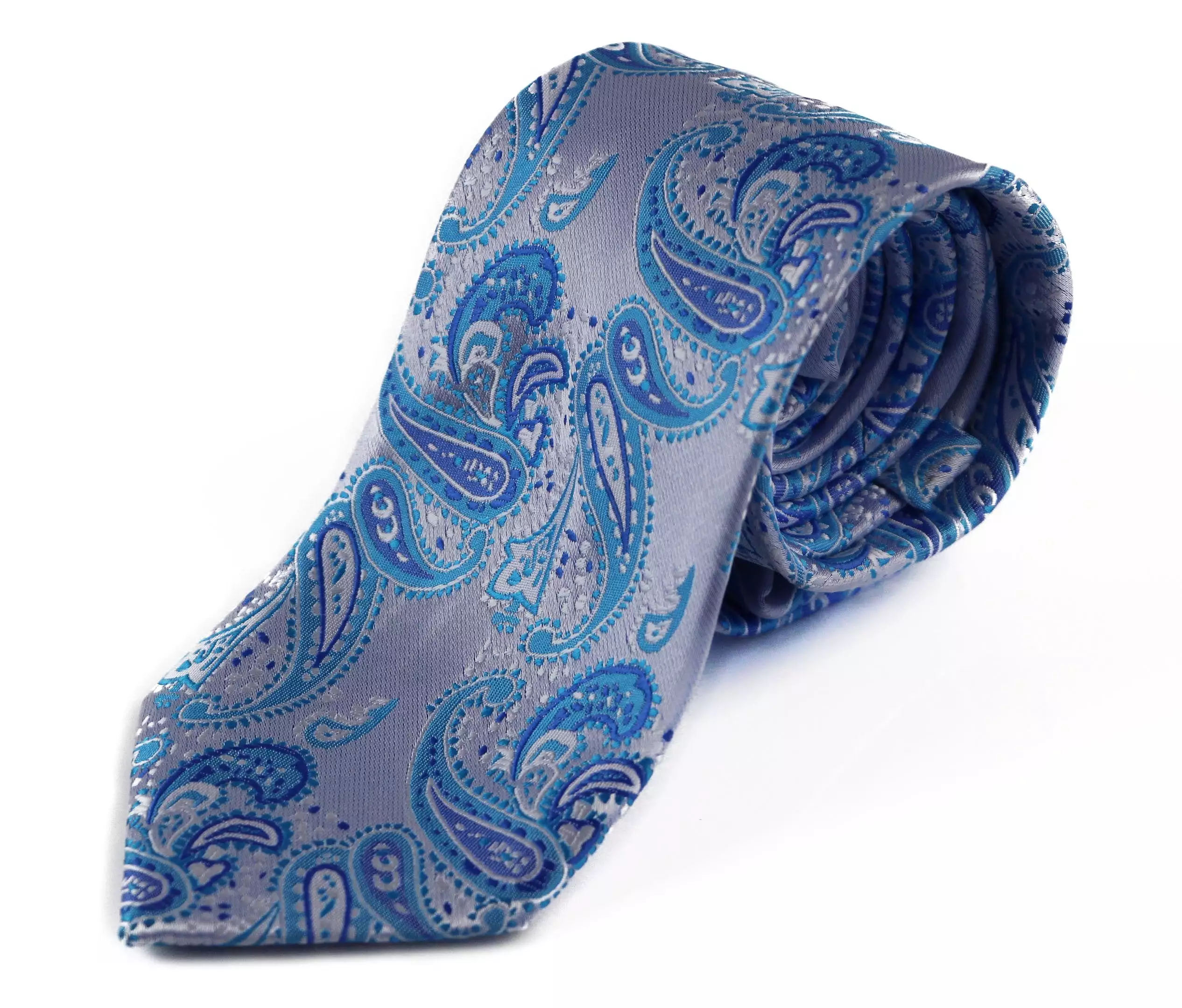 Mens Silver & Light Blue Paisley Patterned 8cm Neck Tie