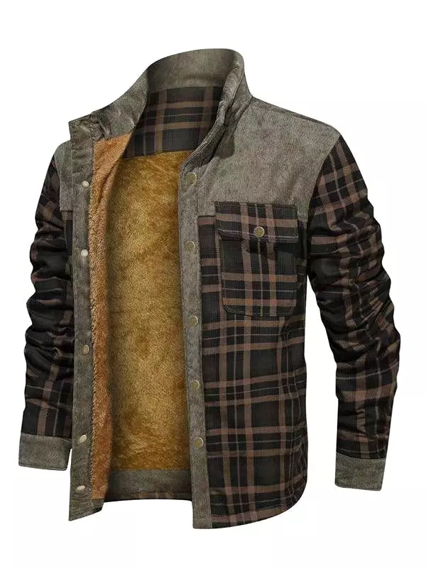 Patchwork Plaid Men Fleece Flannel Shirt