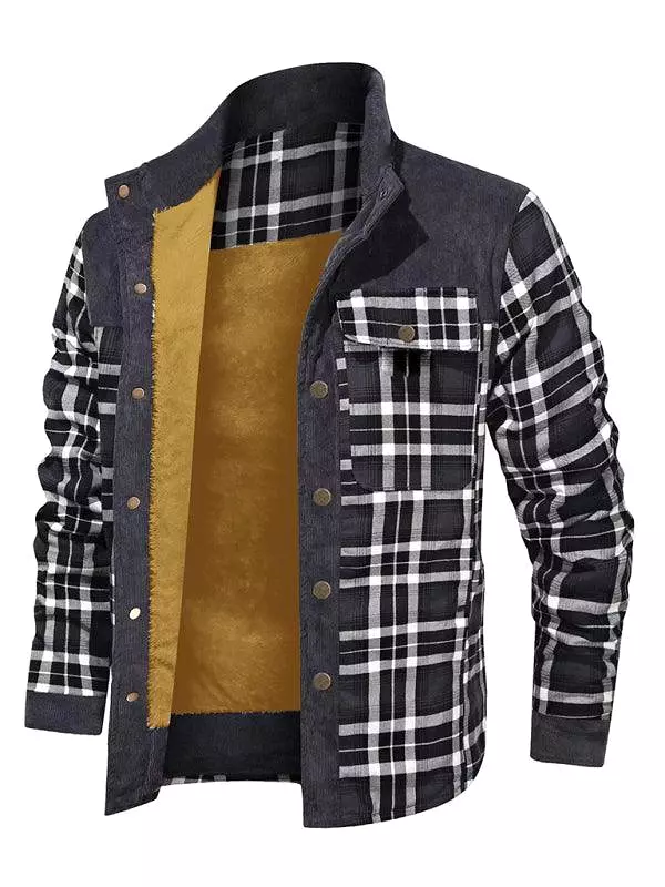 Patchwork Plaid Men Fleece Flannel Shirt