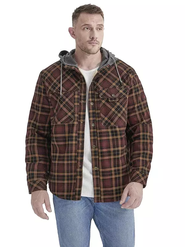 Plaid Fleece Hooded Men Flannel Shirt