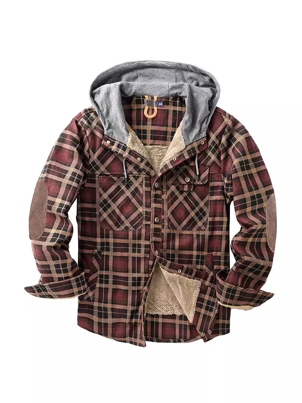 Plaid Fleece Hooded Men Flannel Shirt