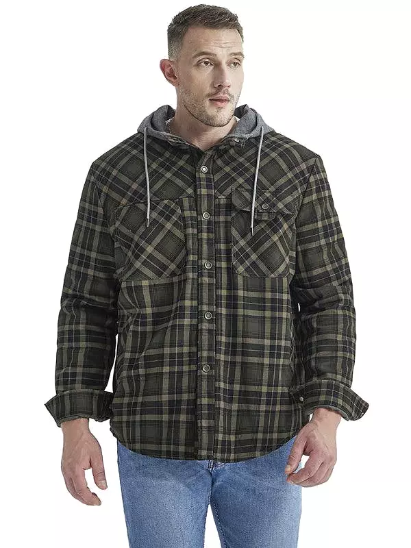 Plaid Fleece Hooded Men Flannel Shirt