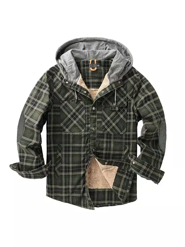 Plaid Fleece Hooded Men Flannel Shirt