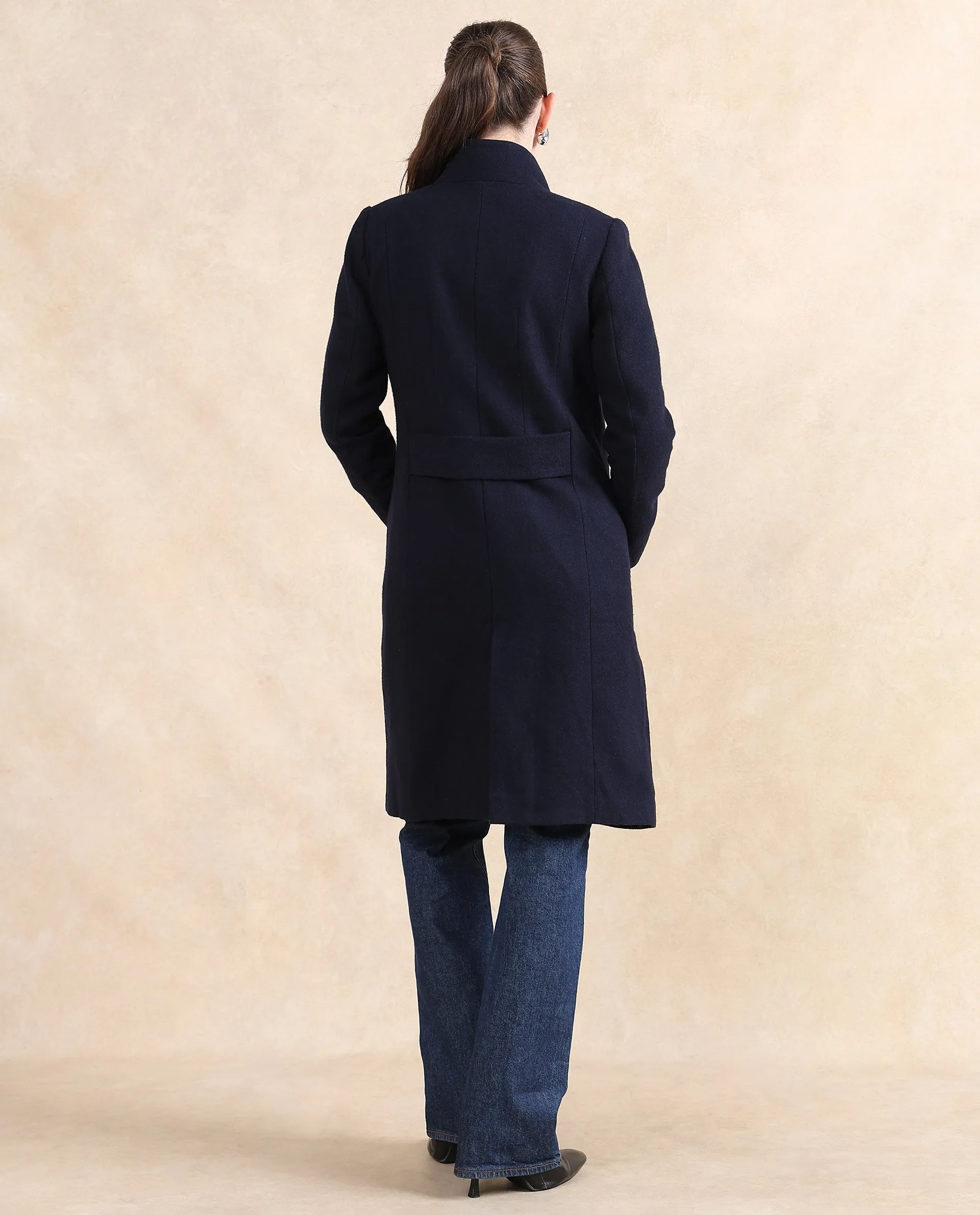 Rareism Women Monch Navy Over Lap Neck Midi Jacket