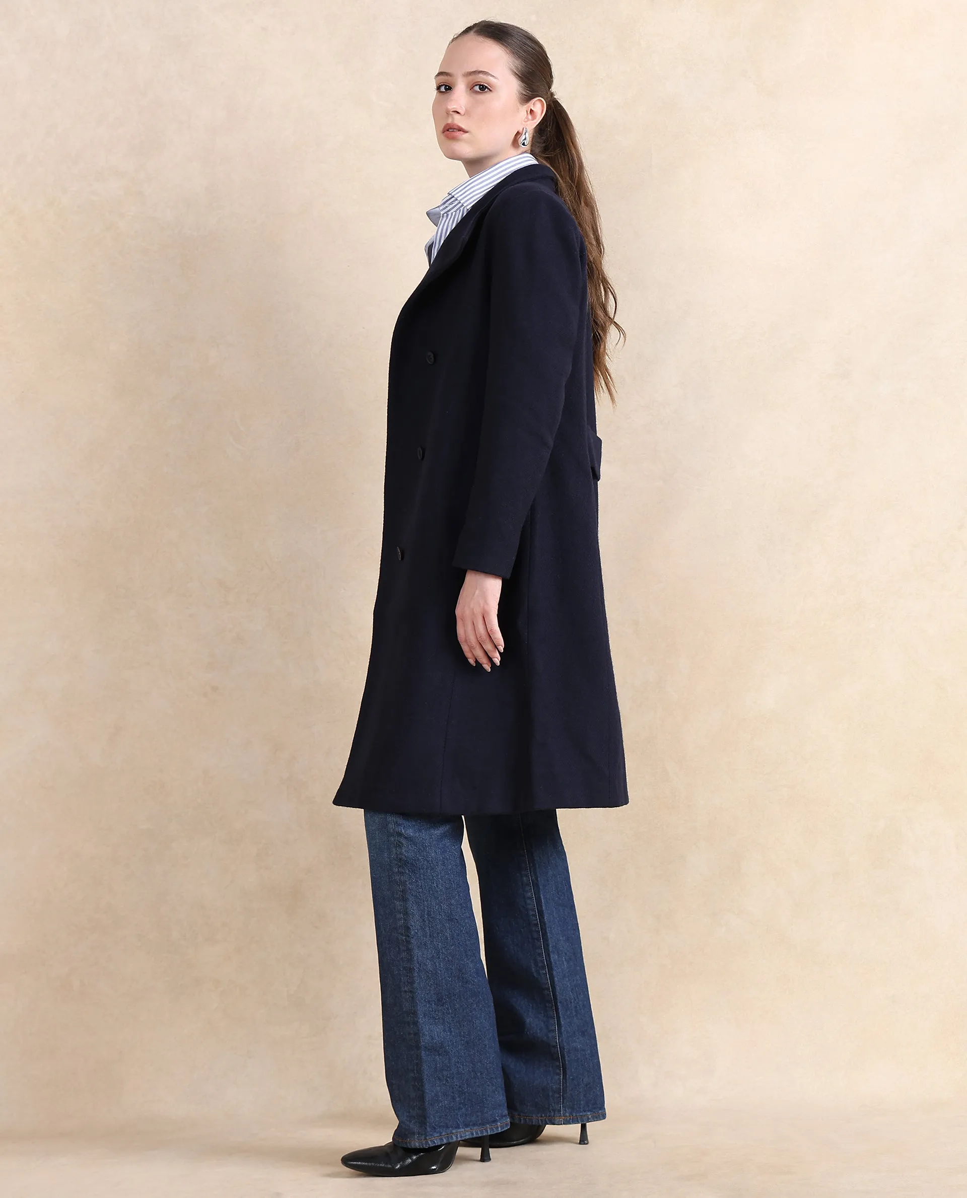 Rareism Women Monch Navy Over Lap Neck Midi Jacket