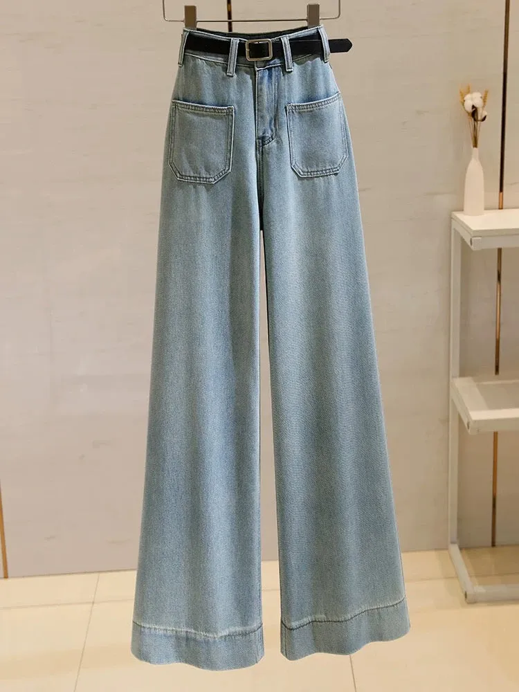 Retro Hong Kong style high-waisted straight jeans for women 2024 summer new style loose and slim wide-leg pants nine-point pants