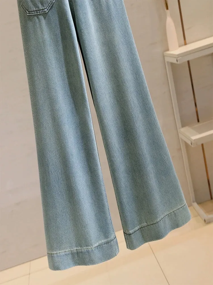 Retro Hong Kong style high-waisted straight jeans for women 2024 summer new style loose and slim wide-leg pants nine-point pants