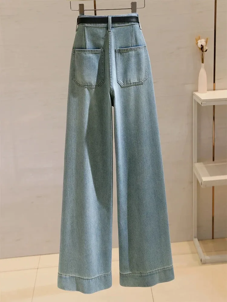 Retro Hong Kong style high-waisted straight jeans for women 2024 summer new style loose and slim wide-leg pants nine-point pants