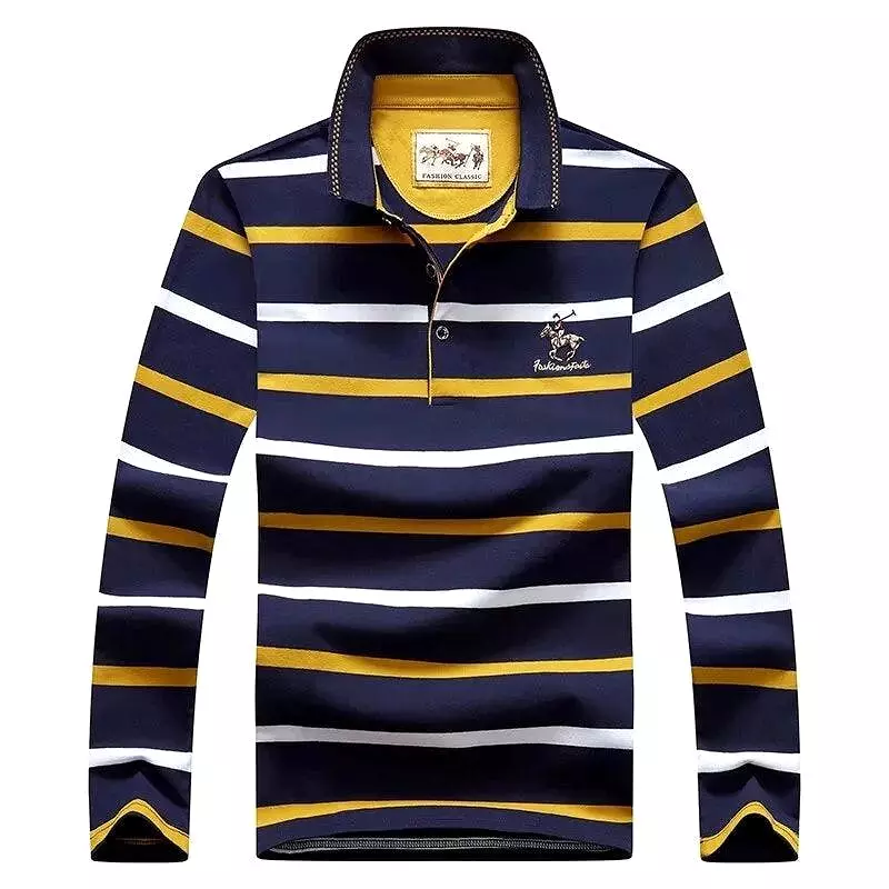 Striped Men Polo Shirt Cotton Long Sleeve