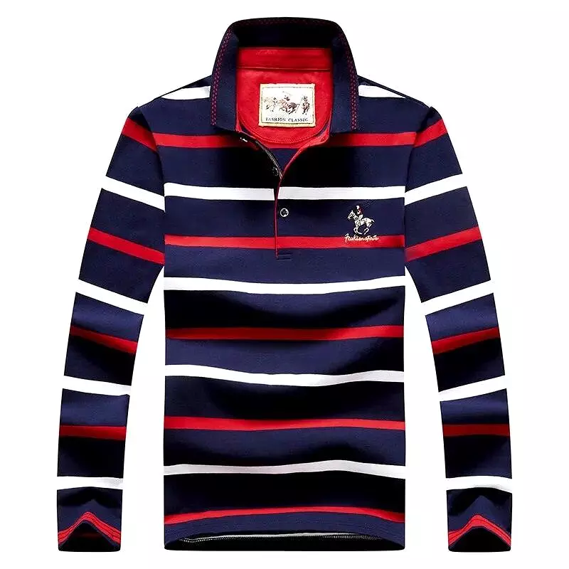 Striped Men Polo Shirt Cotton Long Sleeve